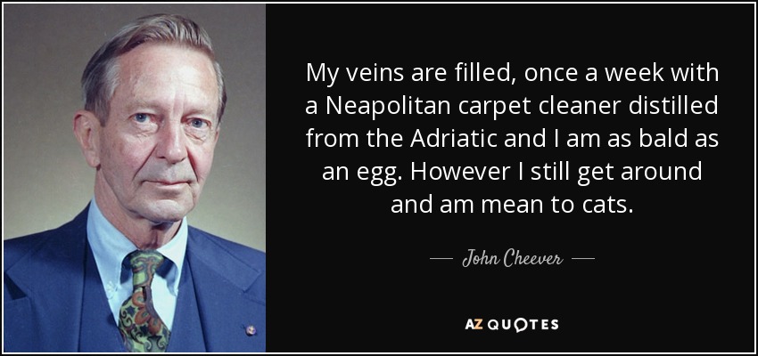 My veins are filled, once a week with a Neapolitan carpet cleaner distilled from the Adriatic and I am as bald as an egg. However I still get around and am mean to cats. - John Cheever