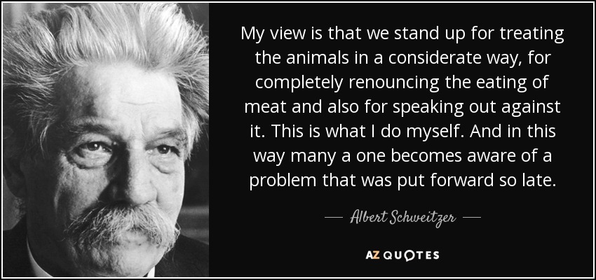 My view is that we stand up for treating the animals in a considerate way, for completely renouncing the eating of meat and also for speaking out against it. This is what I do myself. And in this way many a one becomes aware of a problem that was put forward so late. - Albert Schweitzer