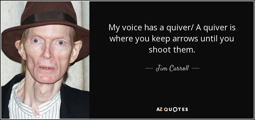My voice has a quiver/ A quiver is where you keep arrows until you shoot them. - Jim Carroll