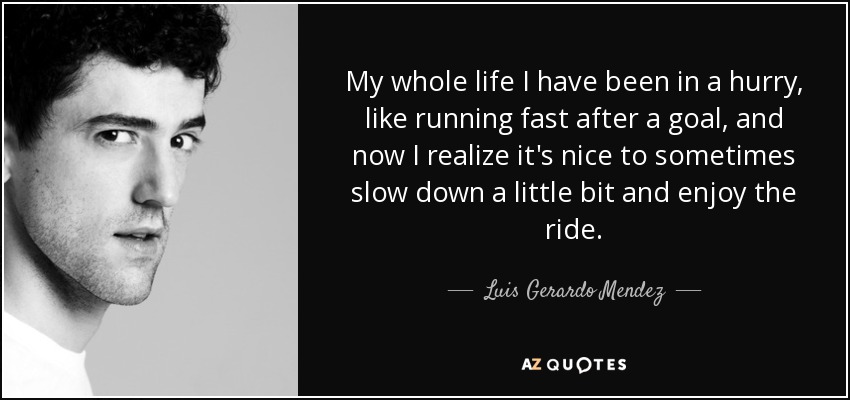 My whole life I have been in a hurry, like running fast after a goal, and now I realize it's nice to sometimes slow down a little bit and enjoy the ride. - Luis Gerardo Mendez