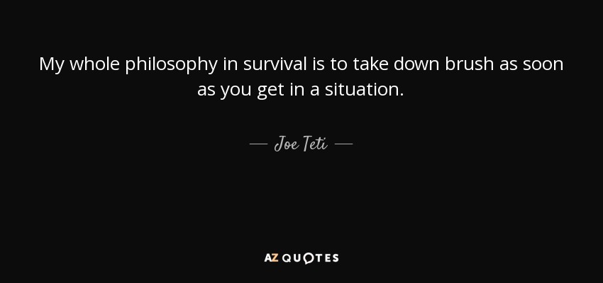 My whole philosophy in survival is to take down brush as soon as you get in a situation. - Joe Teti