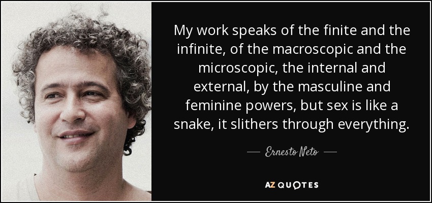 My work speaks of the finite and the infinite, of the macroscopic and the microscopic, the internal and external, by the masculine and feminine powers, but sex is like a snake, it slithers through everything. - Ernesto Neto