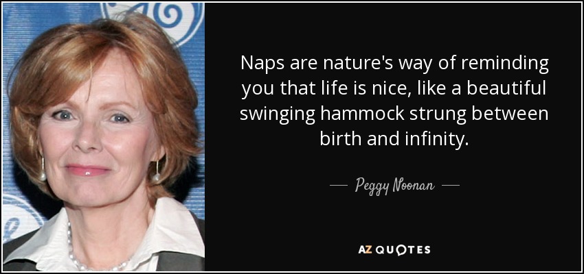 Naps are nature's way of reminding you that life is nice, like a beautiful swinging hammock strung between birth and infinity. - Peggy Noonan
