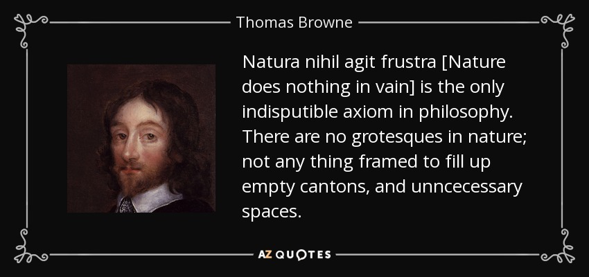 Natura nihil agit frustra [Nature does nothing in vain] is the only indisputible axiom in philosophy. There are no grotesques in nature; not any thing framed to fill up empty cantons, and unncecessary spaces. - Thomas Browne