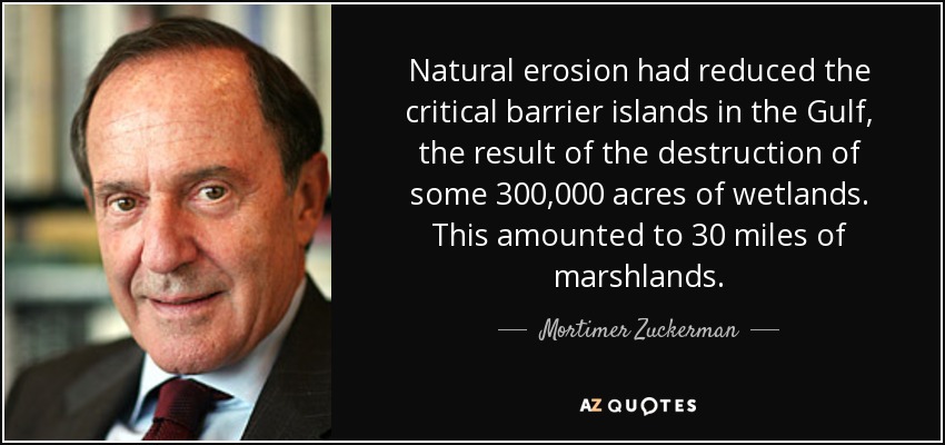Natural erosion had reduced the critical barrier islands in the Gulf, the result of the destruction of some 300,000 acres of wetlands. This amounted to 30 miles of marshlands. - Mortimer Zuckerman