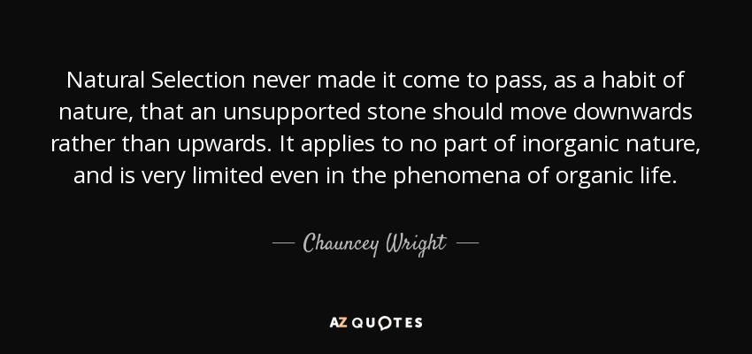 Natural Selection never made it come to pass, as a habit of nature, that an unsupported stone should move downwards rather than upwards. It applies to no part of inorganic nature, and is very limited even in the phenomena of organic life. - Chauncey Wright