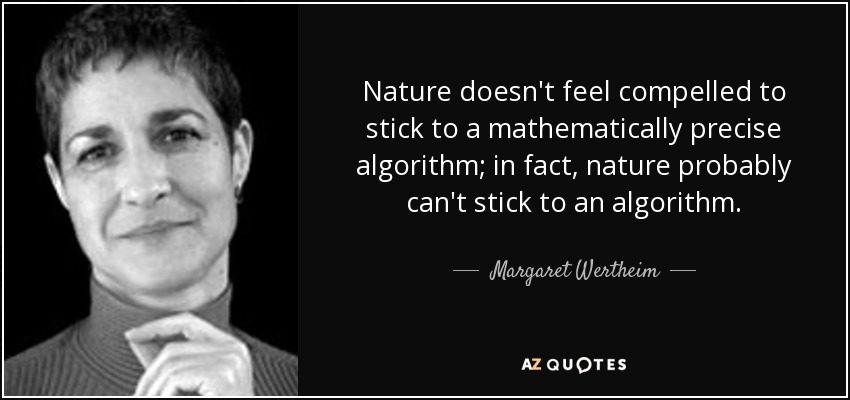 Nature doesn't feel compelled to stick to a mathematically precise algorithm; in fact, nature probably can't stick to an algorithm. - Margaret Wertheim
