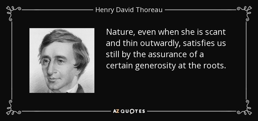 Nature, even when she is scant and thin outwardly, satisfies us still by the assurance of a certain generosity at the roots. - Henry David Thoreau