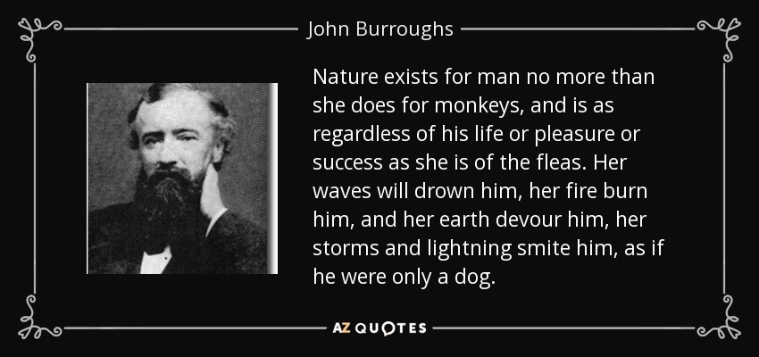 Nature exists for man no more than she does for monkeys, and is as regardless of his life or pleasure or success as she is of the fleas. Her waves will drown him, her fire burn him, and her earth devour him, her storms and lightning smite him, as if he were only a dog. - John Burroughs