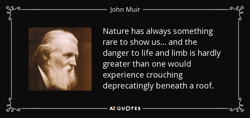 Nature has always something rare to show us... and the danger to life and limb is hardly greater than one would experience crouching deprecatingly beneath a roof. - John Muir