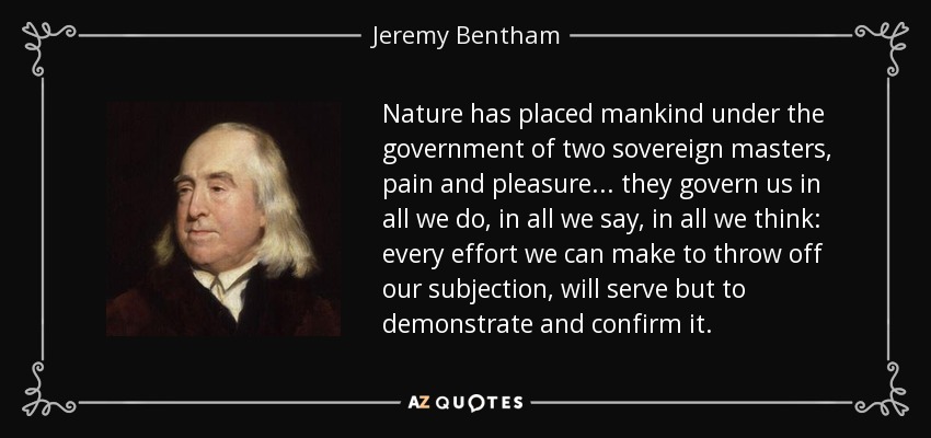 Nature has placed mankind under the government of two sovereign masters, pain and pleasure... they govern us in all we do, in all we say, in all we think: every effort we can make to throw off our subjection, will serve but to demonstrate and confirm it. - Jeremy Bentham