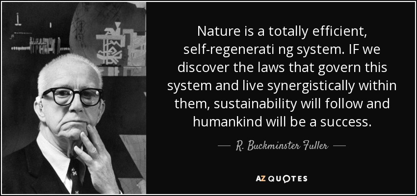 Nature is a totally efficient, self-regenerati ng system. IF we discover the laws that govern this system and live synergistically within them, sustainability will follow and humankind will be a success. - R. Buckminster Fuller