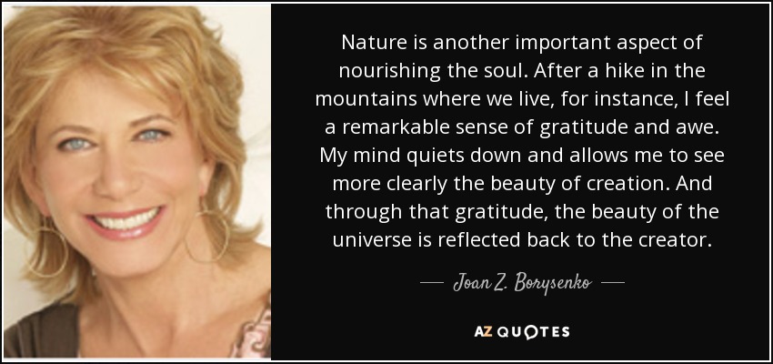 Nature is another important aspect of nourishing the soul. After a hike in the mountains where we live, for instance, I feel a remarkable sense of gratitude and awe. My mind quiets down and allows me to see more clearly the beauty of creation. And through that gratitude, the beauty of the universe is reflected back to the creator. - Joan Z. Borysenko