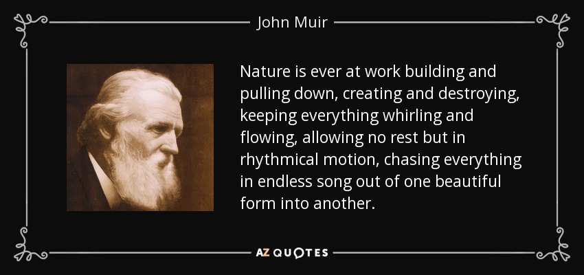Nature is ever at work building and pulling down, creating and destroying, keeping everything whirling and flowing, allowing no rest but in rhythmical motion, chasing everything in endless song out of one beautiful form into another. - John Muir