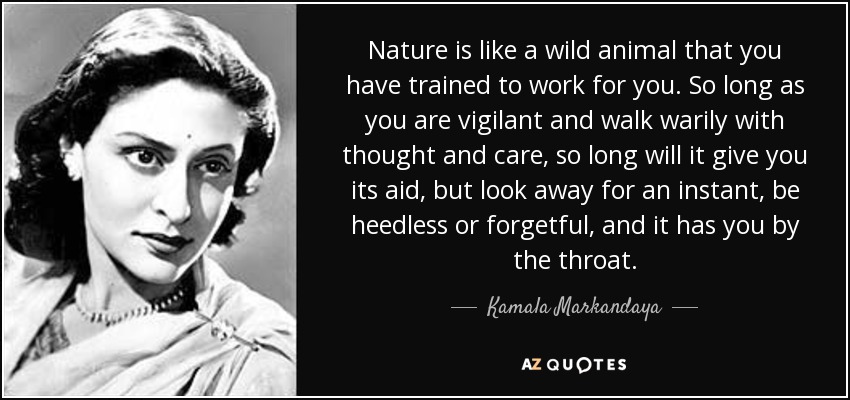 Nature is like a wild animal that you have trained to work for you. So long as you are vigilant and walk warily with thought and care, so long will it give you its aid, but look away for an instant, be heedless or forgetful, and it has you by the throat. - Kamala Markandaya