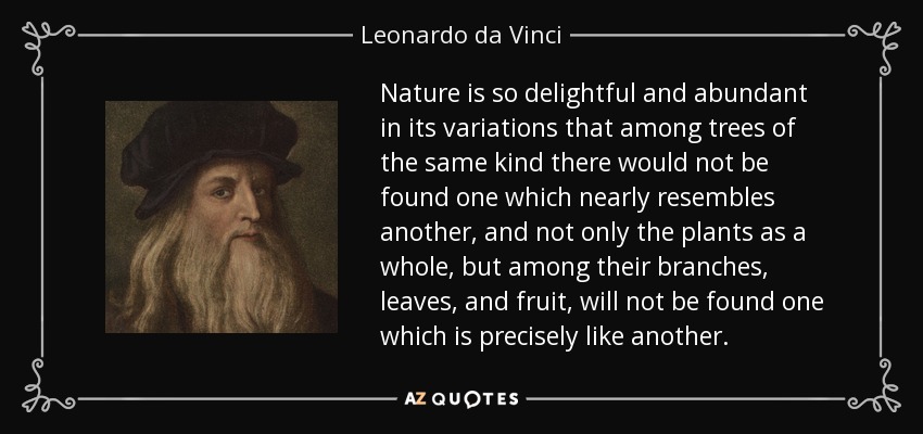 Nature is so delightful and abundant in its variations that among trees of the same kind there would not be found one which nearly resembles another, and not only the plants as a whole, but among their branches, leaves, and fruit, will not be found one which is precisely like another. - Leonardo da Vinci