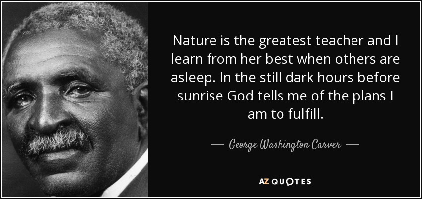Nature is the greatest teacher and I learn from her best when others are asleep. In the still dark hours before sunrise God tells me of the plans I am to fulfill. - George Washington Carver