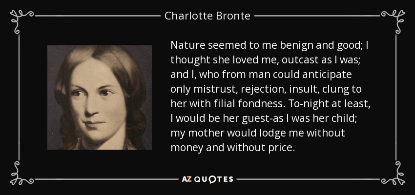 Nature seemed to me benign and good; I thought she loved me, outcast as I was; and I, who from man could anticipate only mistrust, rejection, insult, clung to her with filial fondness. To-night at least, I would be her guest-as I was her child; my mother would lodge me without money and without price. - Charlotte Bronte