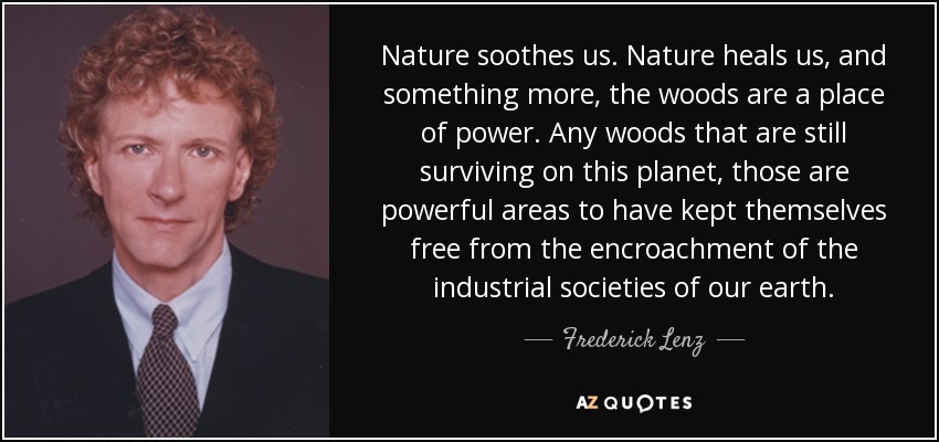 Nature soothes us. Nature heals us, and something more, the woods are a place of power. Any woods that are still surviving on this planet, those are powerful areas to have kept themselves free from the encroachment of the industrial societies of our earth. - Frederick Lenz