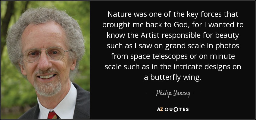 Nature was one of the key forces that brought me back to God, for I wanted to know the Artist responsible for beauty such as I saw on grand scale in photos from space telescopes or on minute scale such as in the intricate designs on a butterfly wing. - Philip Yancey