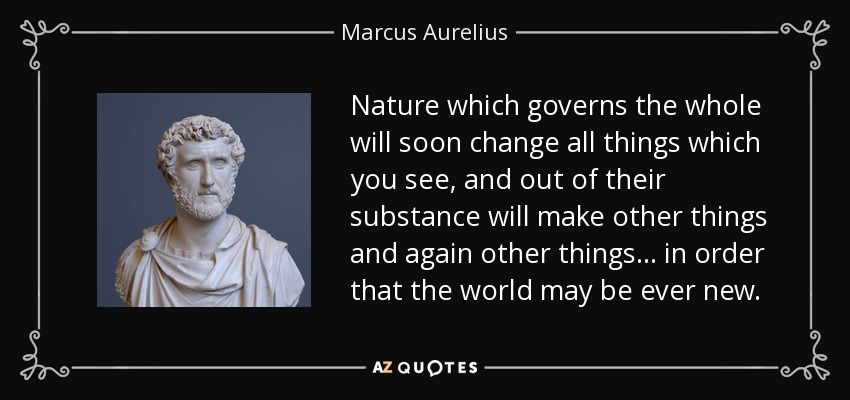 Nature which governs the whole will soon change all things which you see, and out of their substance will make other things and again other things... in order that the world may be ever new. - Marcus Aurelius