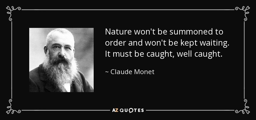 Nature won't be summoned to order and won't be kept waiting. It must be caught, well caught. - Claude Monet