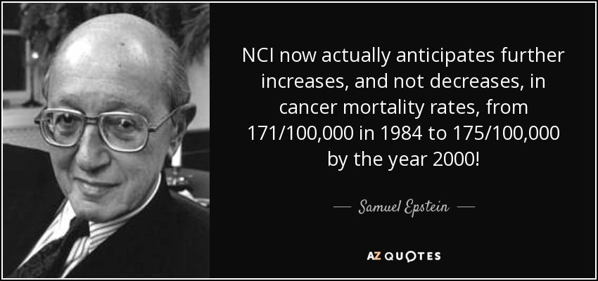 NCI now actually anticipates further increases, and not decreases, in cancer mortality rates, from 171/100,000 in 1984 to 175/100,000 by the year 2000! - Samuel Epstein