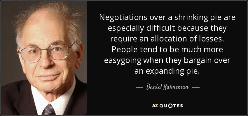 Negotiations over a shrinking pie are especially difficult because they require an allocation of losses. People tend to be much more easygoing when they bargain over an expanding pie. - Daniel Kahneman