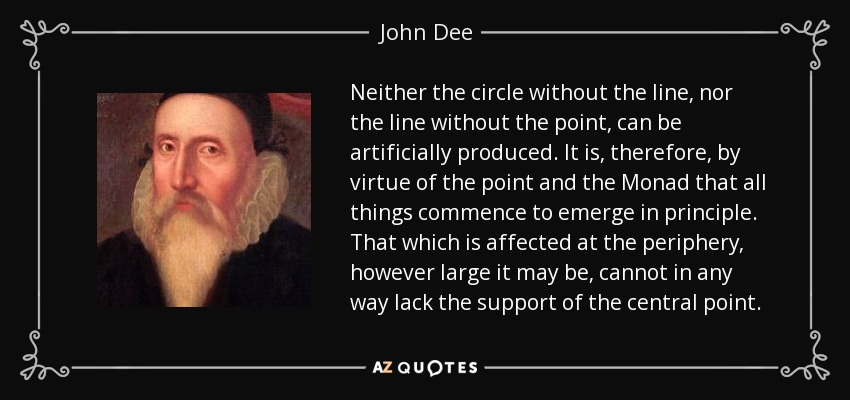 Neither the circle without the line, nor the line without the point, can be artificially produced. It is, therefore, by virtue of the point and the Monad that all things commence to emerge in principle. That which is affected at the periphery, however large it may be, cannot in any way lack the support of the central point. - John Dee
