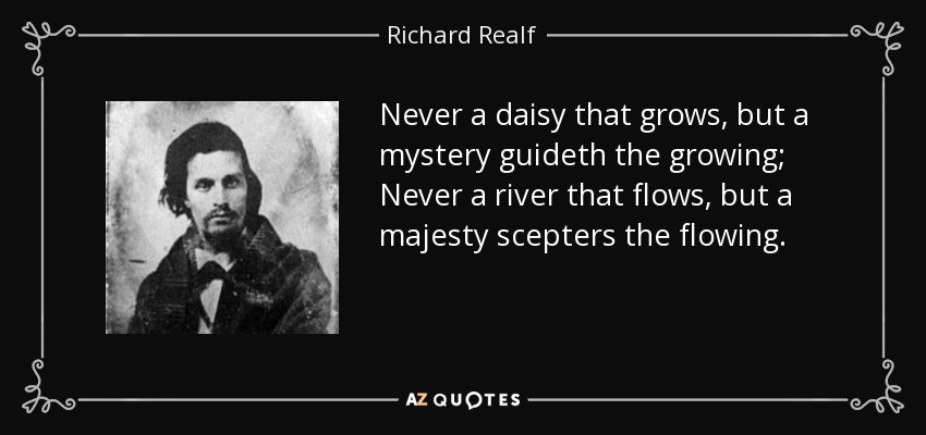 Never a daisy that grows, but a mystery guideth the growing; Never a river that flows, but a majesty scepters the flowing. - Richard Realf
