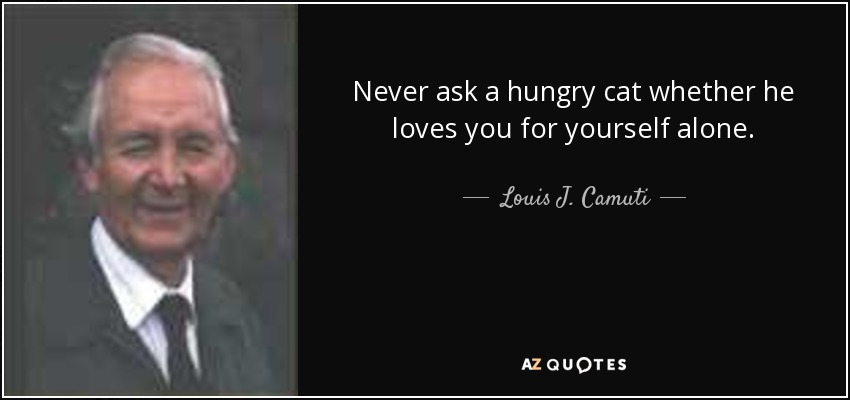 Never ask a hungry cat whether he loves you for yourself alone. - Louis J. Camuti
