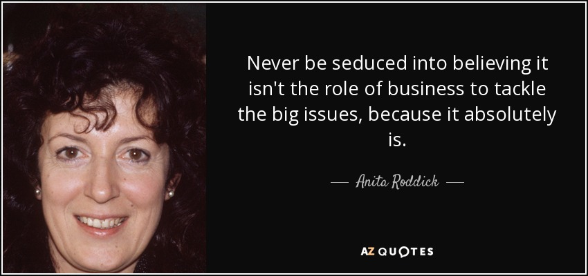 Never be seduced into believing it isn't the role of business to tackle the big issues, because it absolutely is. - Anita Roddick