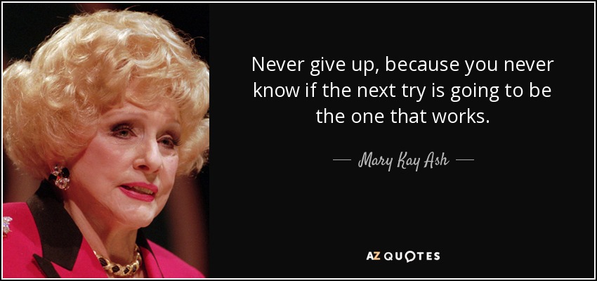 Never give up, because you never know if the next try is going to be the one that works. - Mary Kay Ash