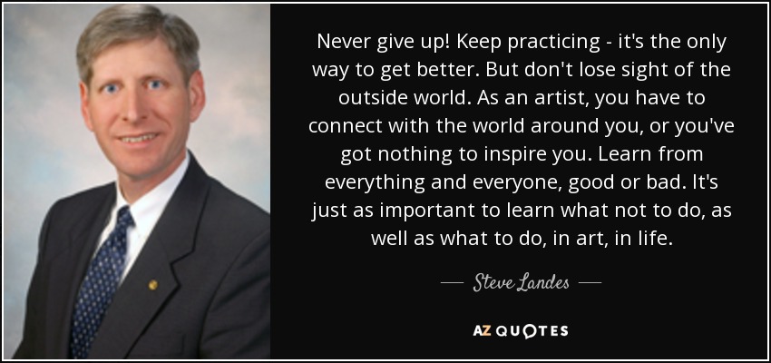 Never give up! Keep practicing - it's the only way to get better. But don't lose sight of the outside world. As an artist, you have to connect with the world around you, or you've got nothing to inspire you. Learn from everything and everyone, good or bad. It's just as important to learn what not to do, as well as what to do, in art, in life. - Steve Landes