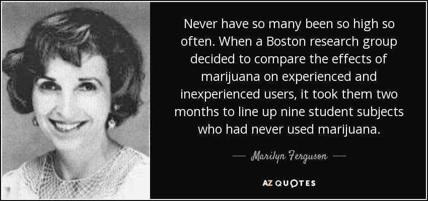 Never have so many been so high so often. When a Boston research group decided to compare the effects of marijuana on experienced and inexperienced users, it took them two months to line up nine student subjects who had never used marijuana. - Marilyn Ferguson