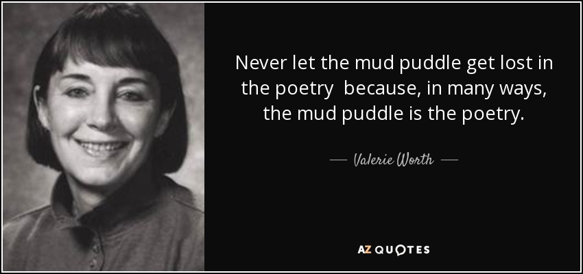 Never let the mud puddle get lost in the poetry because, in many ways, the mud puddle is the poetry. - Valerie Worth