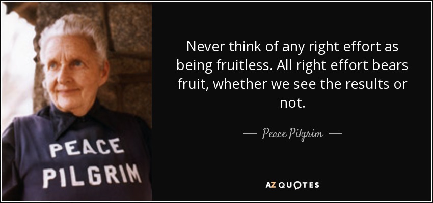 Never think of any right effort as being fruitless. All right effort bears fruit, whether we see the results or not. - Peace Pilgrim