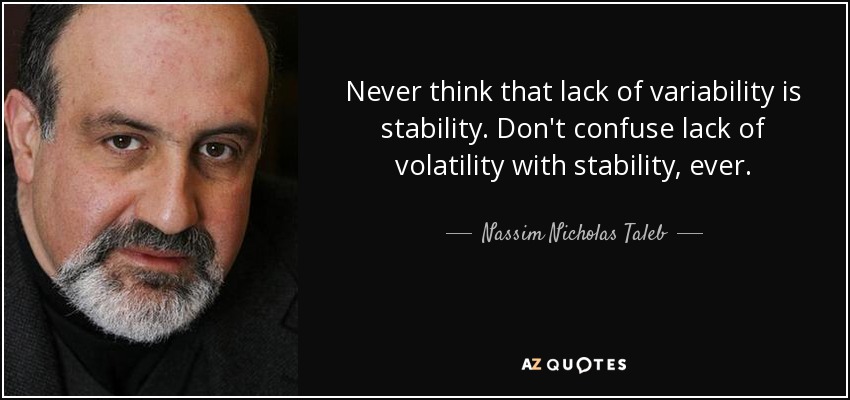 Never think that lack of variability is stability. Don't confuse lack of volatility with stability, ever. - Nassim Nicholas Taleb