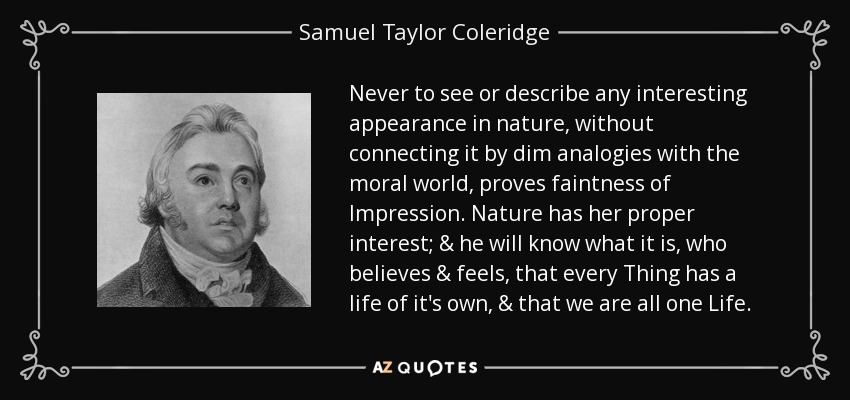 Never to see or describe any interesting appearance in nature, without connecting it by dim analogies with the moral world, proves faintness of Impression. Nature has her proper interest; & he will know what it is, who believes & feels, that every Thing has a life of it's own, & that we are all one Life. - Samuel Taylor Coleridge