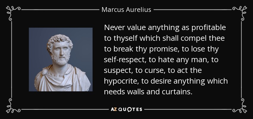 Never value anything as profitable to thyself which shall compel thee to break thy promise, to lose thy self-respect, to hate any man, to suspect, to curse, to act the hypocrite, to desire anything which needs walls and curtains. - Marcus Aurelius