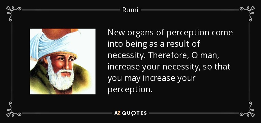 New organs of perception come into being as a result of necessity. Therefore, O man, increase your necessity, so that you may increase your perception. - Rumi