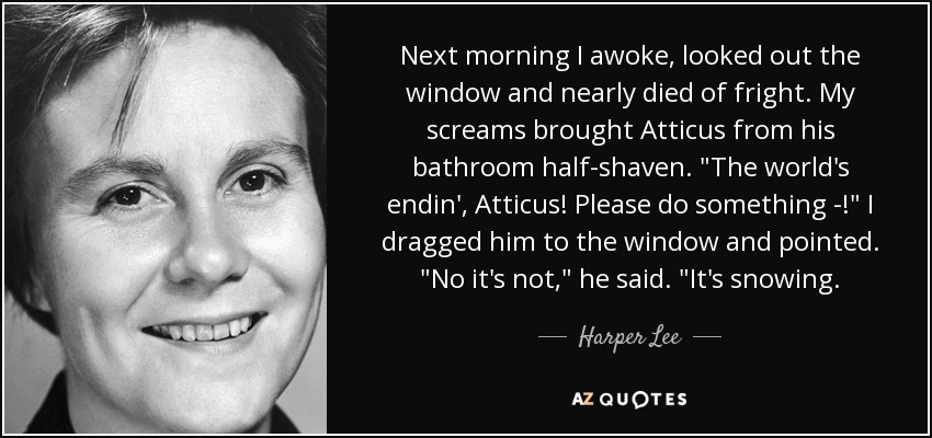 Next morning I awoke, looked out the window and nearly died of fright. My screams brought Atticus from his bathroom half-shaven. 