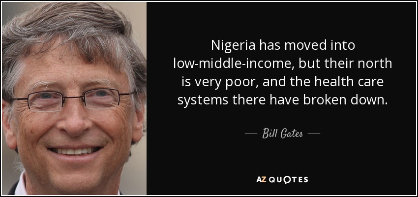 Nigeria has moved into low-middle-income, but their north is very poor, and the health care systems there have broken down. - Bill Gates