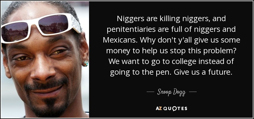 Niggers are killing niggers, and penitentiaries are full of niggers and Mexicans. Why don't y'all give us some money to help us stop this problem? We want to go to college instead of going to the pen. Give us a future. - Snoop Dogg