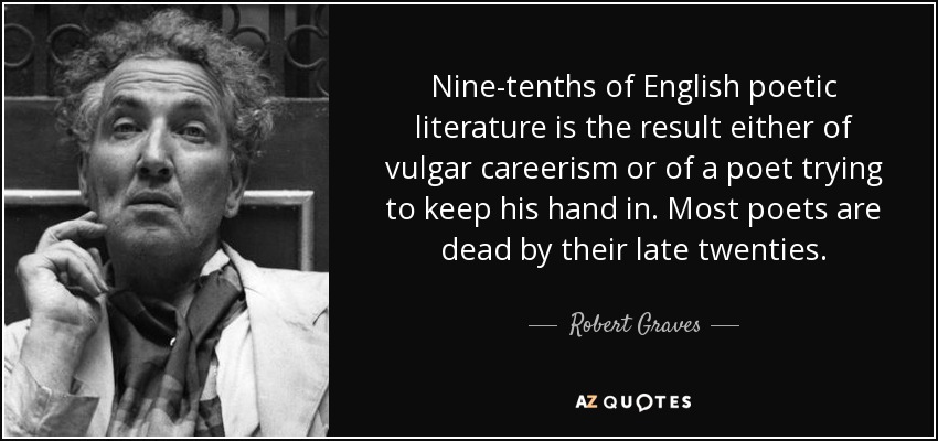 Nine-tenths of English poetic literature is the result either of vulgar careerism or of a poet trying to keep his hand in. Most poets are dead by their late twenties. - Robert Graves