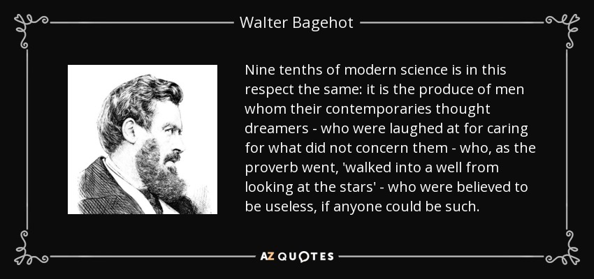 Nine tenths of modern science is in this respect the same: it is the produce of men whom their contemporaries thought dreamers - who were laughed at for caring for what did not concern them - who, as the proverb went, 'walked into a well from looking at the stars' - who were believed to be useless, if anyone could be such. - Walter Bagehot