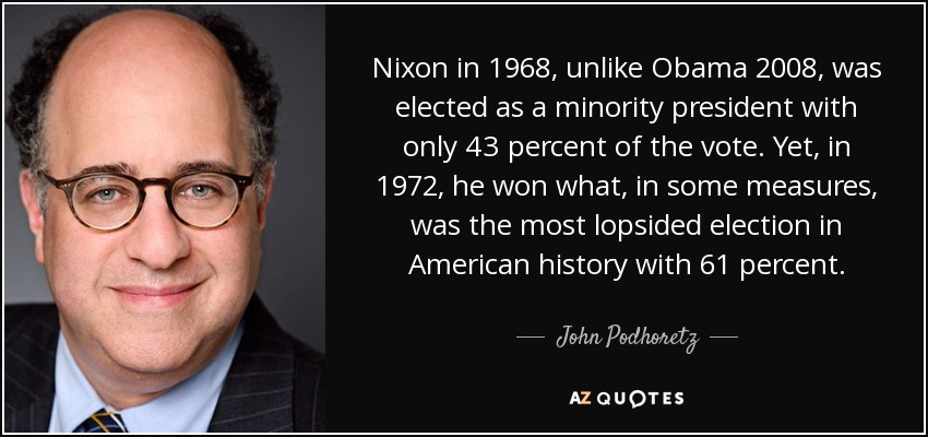 Nixon in 1968, unlike Obama 2008, was elected as a minority president with only 43 percent of the vote. Yet, in 1972, he won what, in some measures, was the most lopsided election in American history with 61 percent. - John Podhoretz