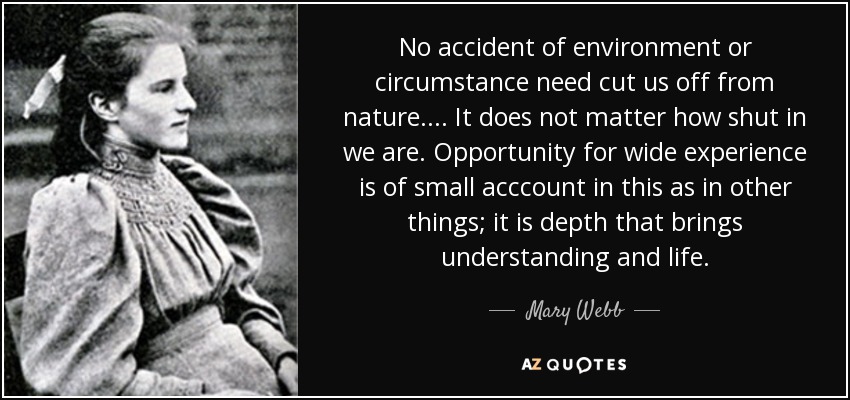 No accident of environment or circumstance need cut us off from nature. ... It does not matter how shut in we are. Opportunity for wide experience is of small acccount in this as in other things; it is depth that brings understanding and life. - Mary Webb