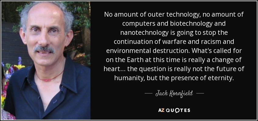 No amount of outer technology, no amount of computers and biotechnology and nanotechnology is going to stop the continuation of warfare and racism and environmental destruction. What's called for on the Earth at this time is really a change of heart ... the question is really not the future of humanity, but the presence of eternity. - Jack Kornfield