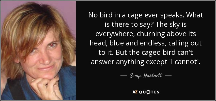 No bird in a cage ever speaks. What is there to say? The sky is everywhere, churning above its head, blue and endless, calling out to it. But the caged bird can't answer anything except 'I cannot'. - Sonya Hartnett